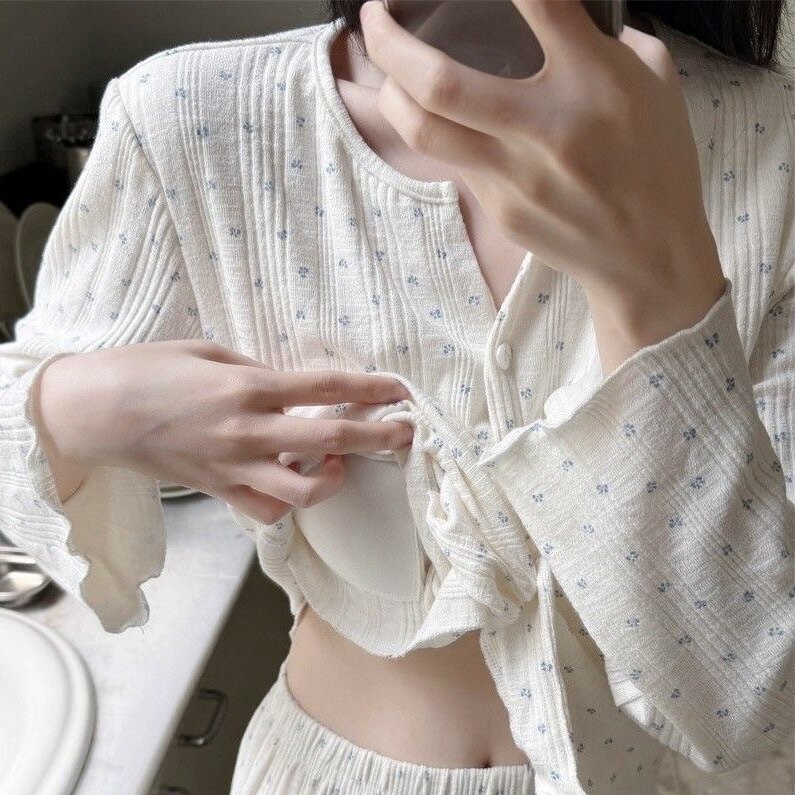 睡衣女款春秋季甜美可爱碎花棉质长袖长裤家居服套装可外穿套装