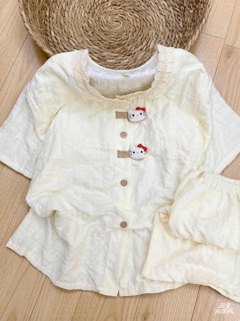 可爱kitty睡衣女生新款夏季棉质杏色短袖裤简约带胸垫家居服套装