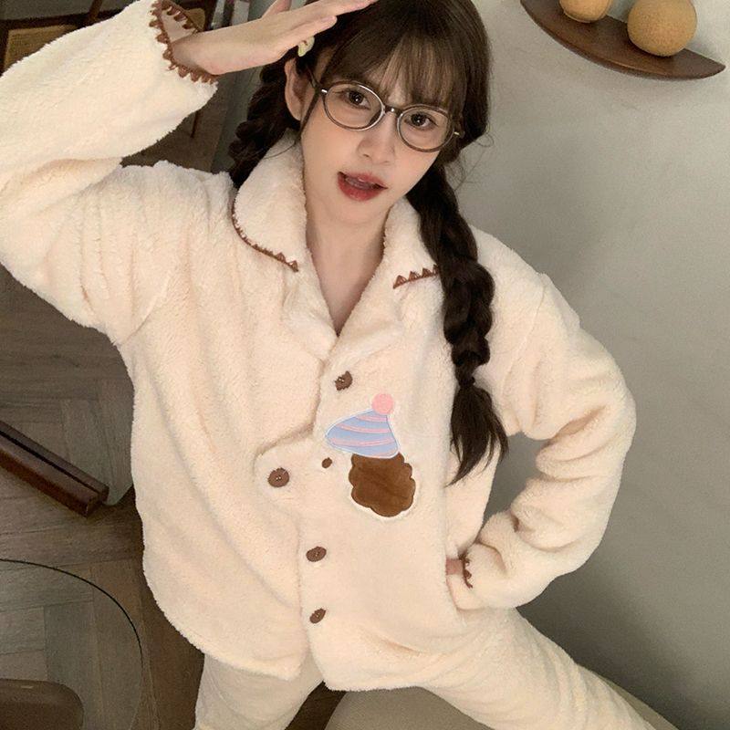 2025新款珊瑚绒女秋冬季天睡衣可爱小狗加绒保暖法兰绒家居服套装