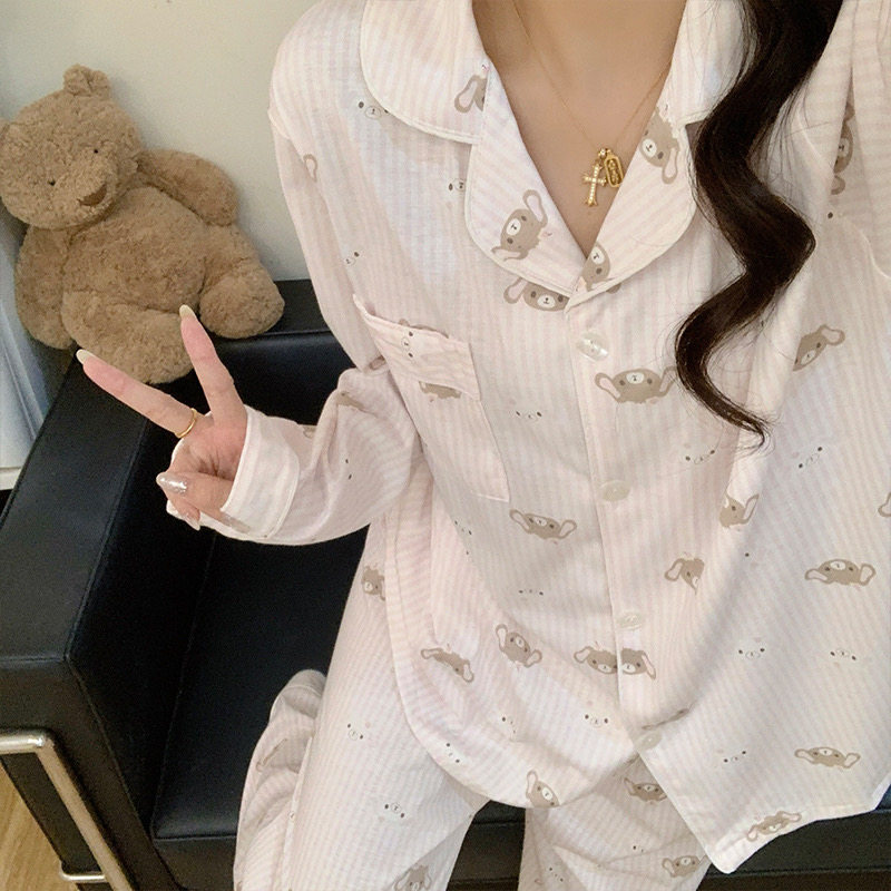 睡衣女款春秋季针织棉质长袖长裤家居服套装可外穿两件套装