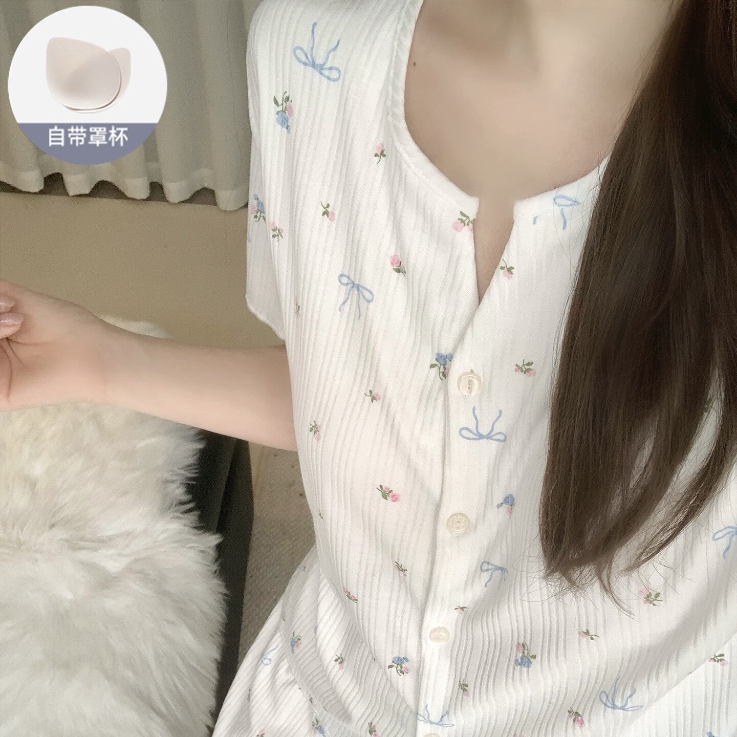 针织纯棉带胸垫甜美风蝴蝶碎花睡衣女夏季短袖2026款家居服可外穿