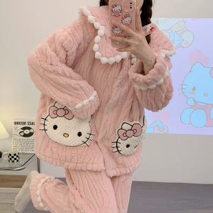 HELLOKITTY可爱卡通凯蒂猫睡衣女秋冬季 加绒加厚珊瑚绒毛绒家居服