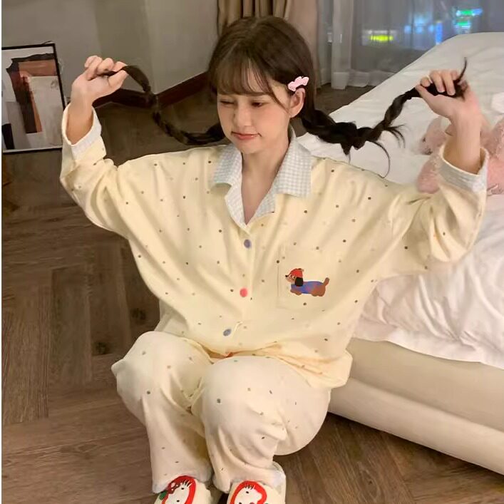 2025年新款波点小狗纯棉卡通可爱少女睡衣春秋长袖家居服套装薄款