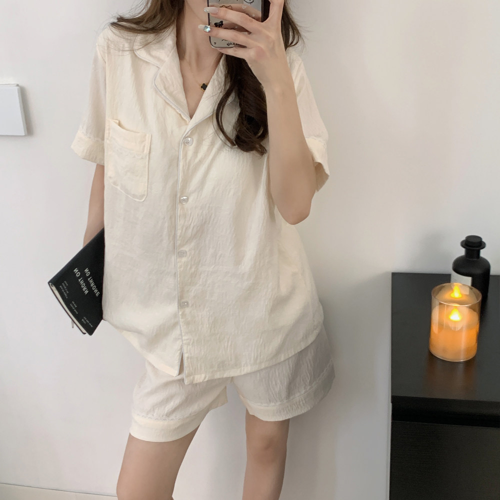 带胸垫云朵棉质睡衣女短袖裤夏款三件套可爱Kitty开衫家居服夏季