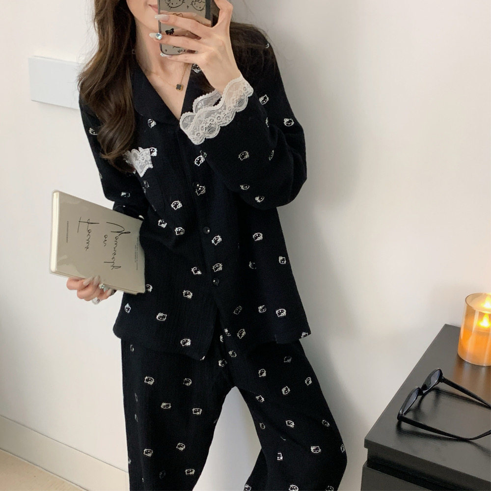 日韩风纯色睡衣女春秋冬季2026新款梭织纯棉长袖蕾丝花边家居服