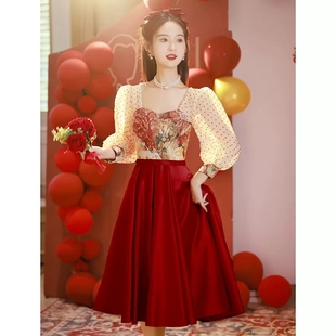 敬酒服新娘红色结婚秋冬季高级感订婚小个子回门服晚礼服连衣裙女