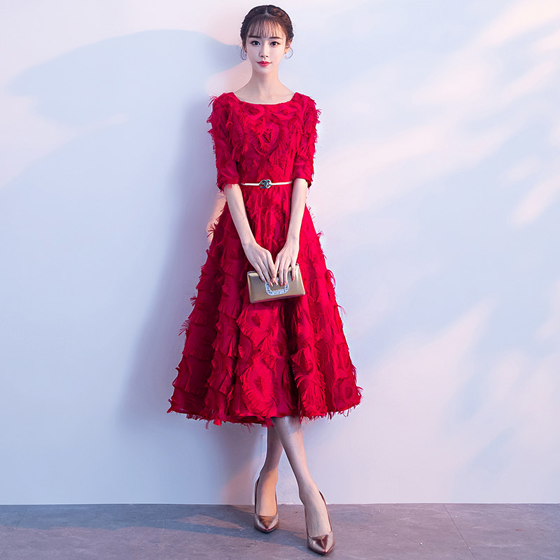晚礼服裙女2025新款宴会气质敬酒服酒红色新娘秋冬款中袖结婚衣服