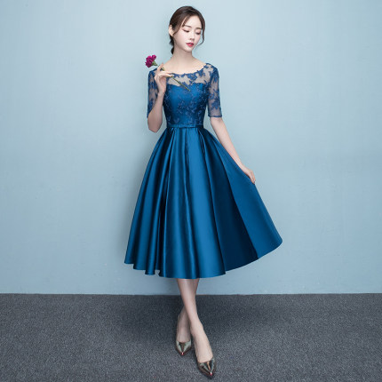 晚礼服2025新款藏青色中长款显瘦高贵优雅宴会小礼服连衣裙女