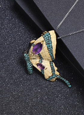 设计师款蝴蝶系S925银欧美复古风vintage高颜值纯银胸针项链吊坠