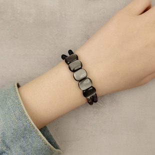 原创手链女款 小众复古潮流手饰 猫眼天然黑曜石银曜石双层手串男士