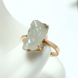A货超饱满冰种飘花翡翠貔貅18K玫瑰金镶嵌女款戒指