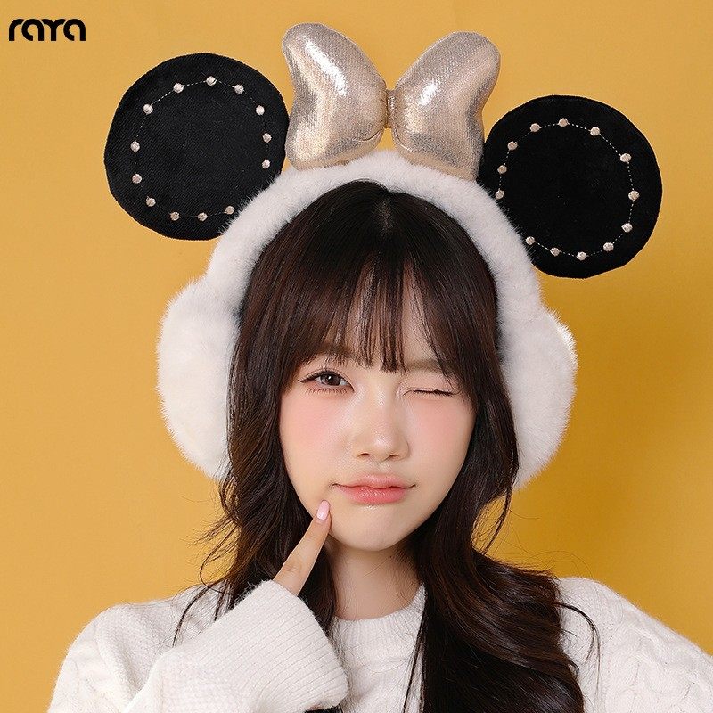 黑金米奇耳朵蝴蝶结毛绒折叠耳罩女冬保暖防寒耳暖可爱耳捂子头饰