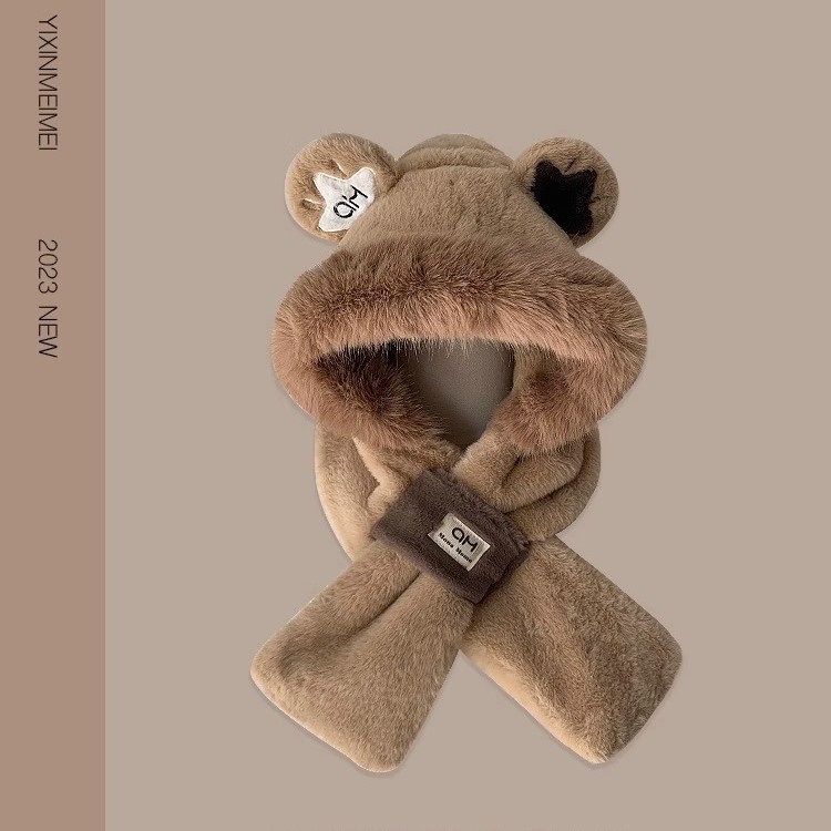 可爱小熊帽子围巾一体女脖