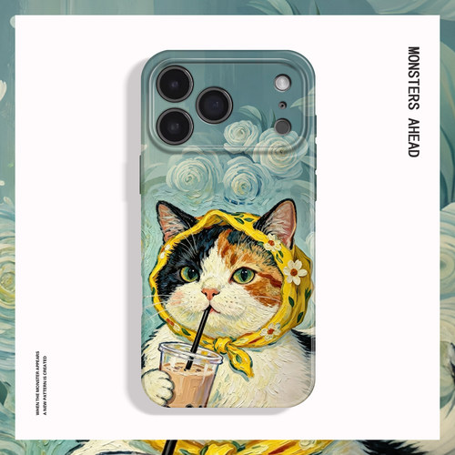 梵高油画戴头巾猫咪适用苹果17 16 15 14 13 12 11手机壳nova10华为mate80 p70 60 50 4030一加15防摔红米K90