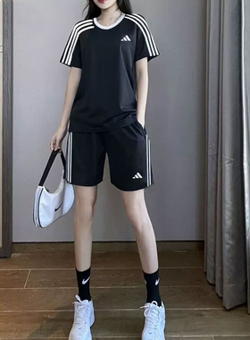 阿迪达斯短袖短裤女装2025夏季运动服透气T恤宽松五分裤JY7612