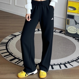 子女冬季 复古黑色长裤 新款 运动保暖纯色美式 直筒裤 阿迪达斯加绒裤