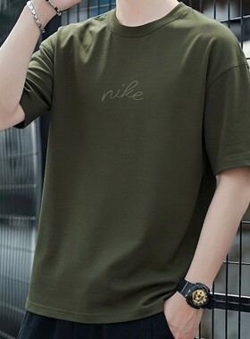 NIKE耐克男士绿色短袖新款纯棉T恤宽松五分袖健身透气运动装上衣