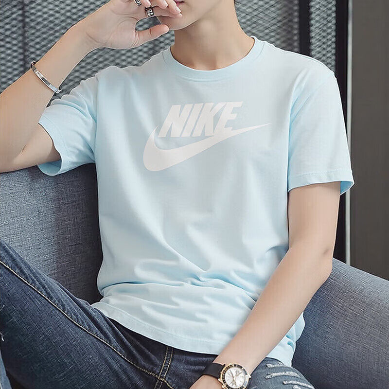 耐克休闲冰蓝色透气纯棉短袖T恤