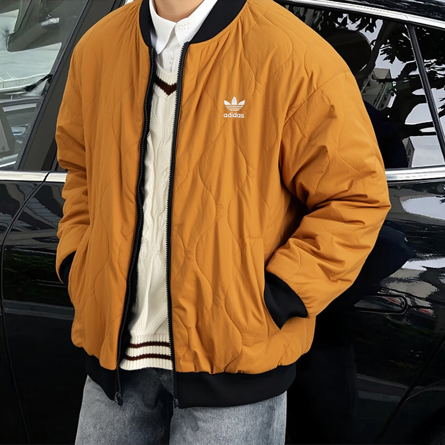 阿迪达斯三叶草夹棉棒球服男冬季新款棉服美式宽松复古飞行员外套