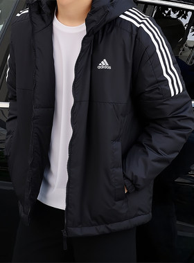 阿迪达斯黑色夹棉外套男冬季新款保暖运动夹克棒球服棉袄加厚棉服