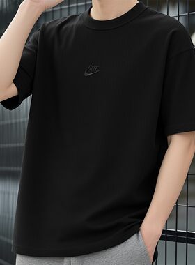 Nike耐克纯棉重磅短袖夏季新款运动T恤男子黑色上衣刺绣标五分袖