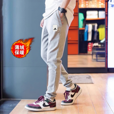 阿迪达斯加绒裤子男冬季新款灰色小脚裤字母美式保暖卫裤男束脚裤