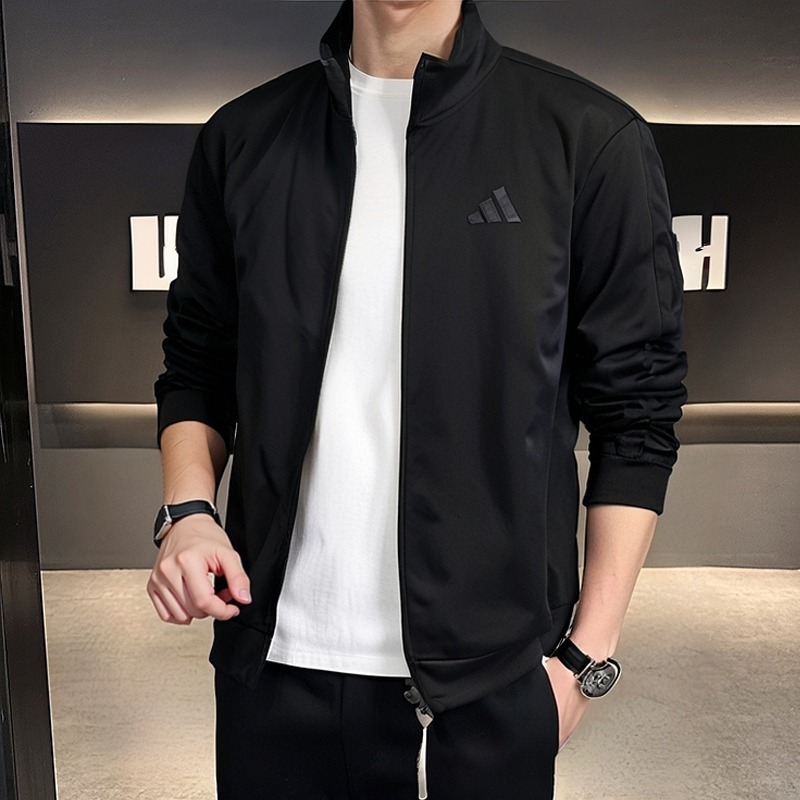 阿迪达斯外套男装秋季新款透气针织夹克黑色三条杠休闲立领运动服