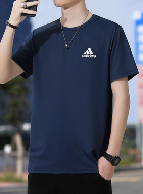 阿迪达斯蓝色短袖夏季新款透气冰丝速干男士薄款健身半袖运动T恤