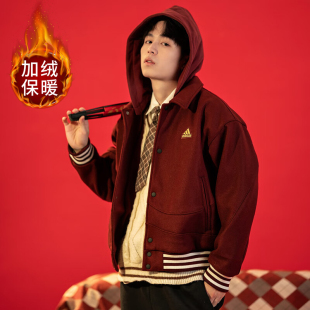阿迪达斯红色加绒外套男冬季 夹克 新加厚棒球服连帽龙年复古男士