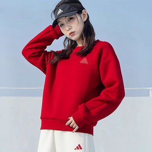 阿迪达斯卫衣女春季新年款红色本命年上衣复古美式打底衫圆领外套