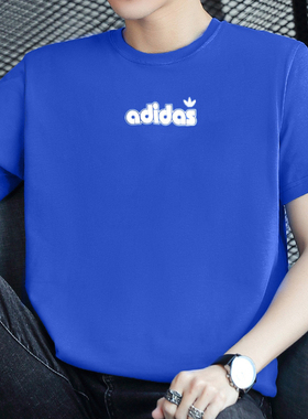 阿迪达斯蓝色短袖T恤男夏季三叶草运动休闲服棉质透气宽松半袖