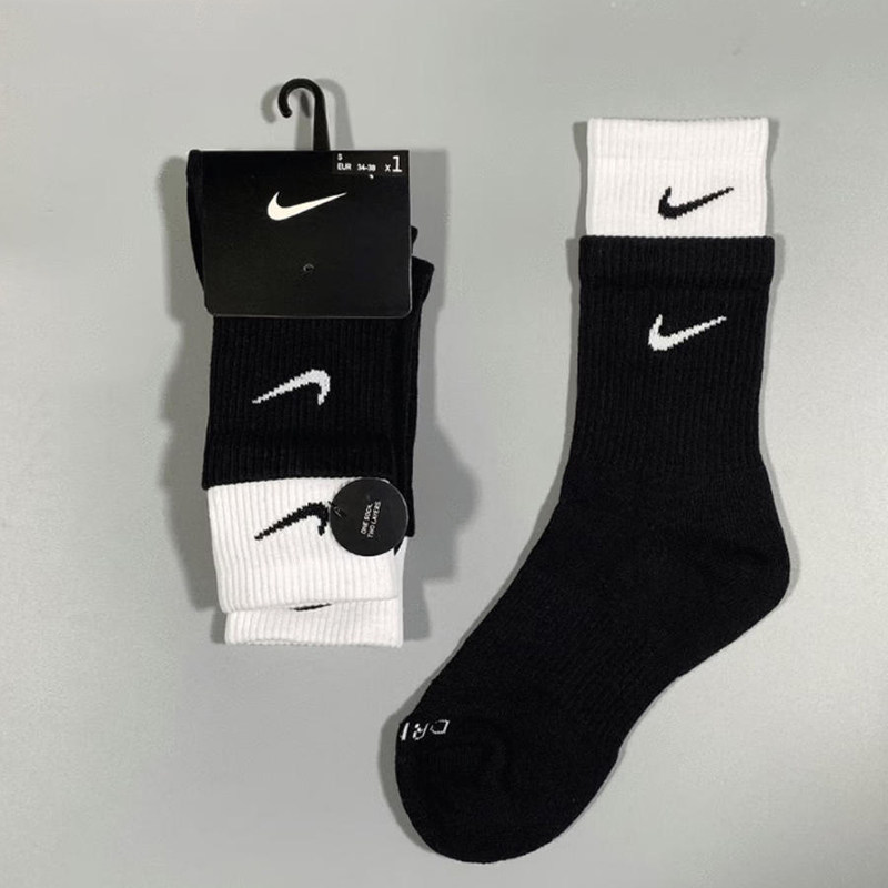 耐克中筒袜长筒袜袜拼接袜假两件黑白运动袜健身袜厚底耐磨男女袜