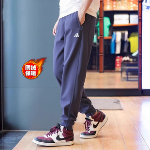 新款 子冬季 保暖长裤 收口小脚裤 男 阿迪达斯加绒运动裤 藏青卫裤 男裤