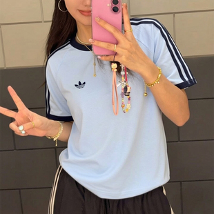 阿迪达斯三叶草蓝色短袖女夏新款美式复古半袖上衣校园T恤KG6323