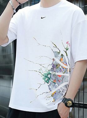 Nike耐克正品白色短袖潮流印花T恤夏季新款纯棉上衣男士运动半袖