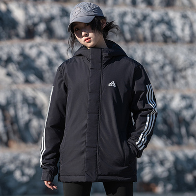 阿迪达斯连帽棉袄女冬季新款正品防水中长户外黑色加厚外套IX8884