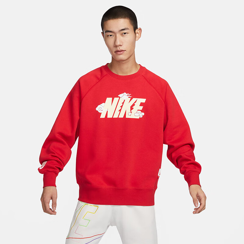 耐克加绒运动卫衣男圆领红色保暖