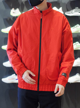 阿迪达斯红色外套男装冬季新款梭织立领棒球服加绒新年夹克HZ3039