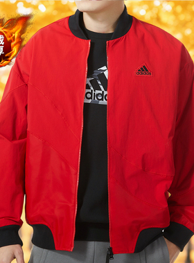 阿迪达斯加绒外套男秋装新款红色防风飞行员领夹克男棒球服HZ3039
