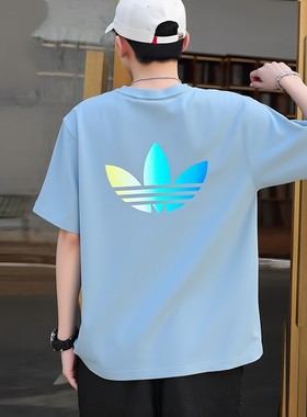 阿迪达斯三叶草浅蓝色短袖男士夏季新款运动服宽松休闲半袖T恤