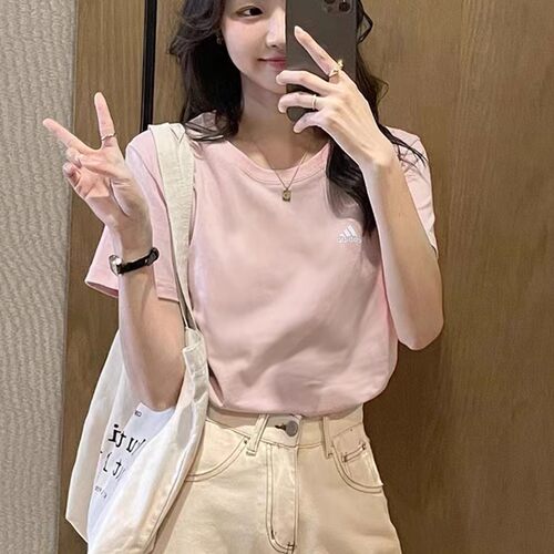 阿迪达斯短袖女夏季新款宽松粉色宽松纯色棉半袖上衣运动简约T恤