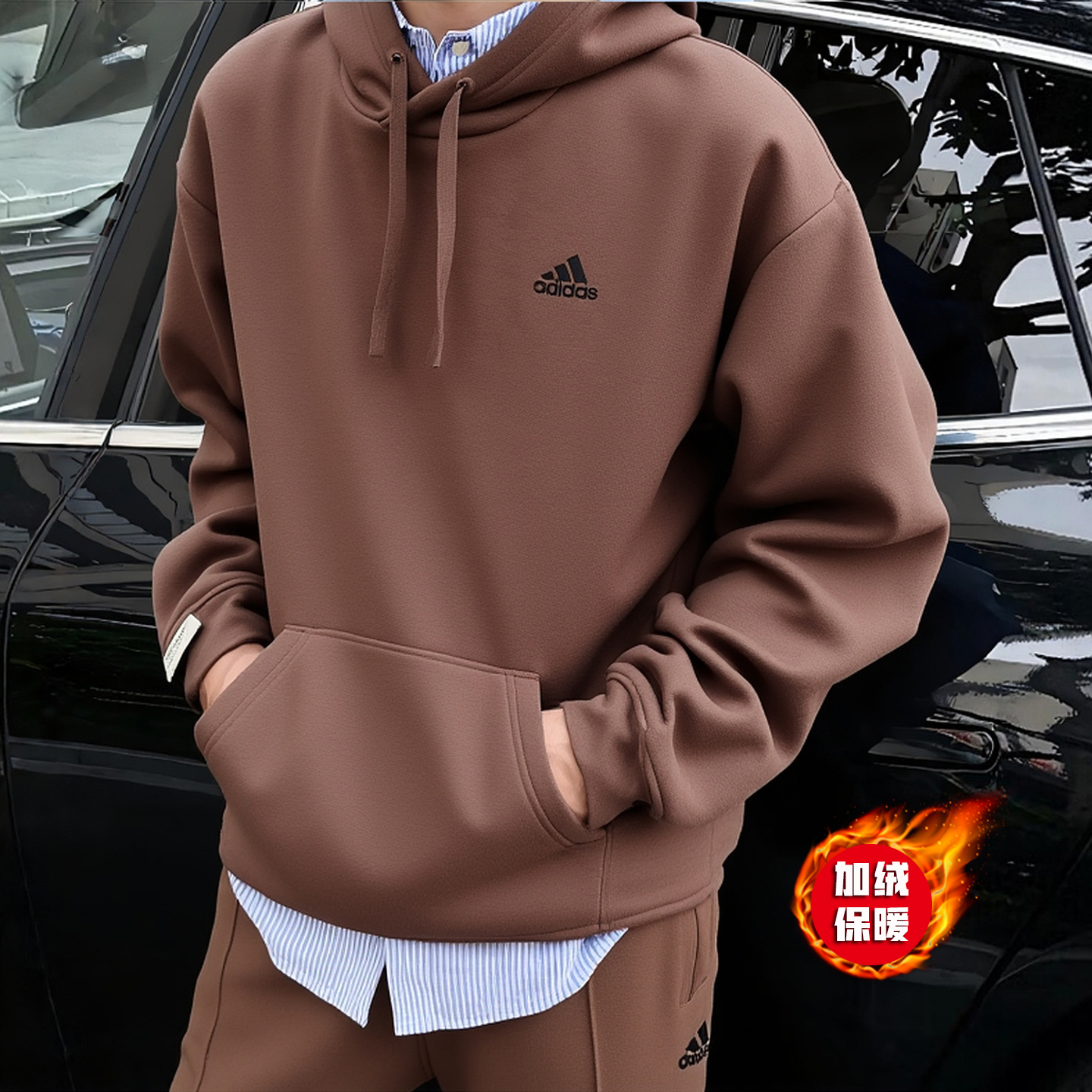 正品假一赔十棕色加绒美式卫衣男