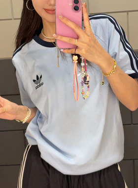 阿迪达斯三叶草蓝色短袖女夏新款美式复古半袖上衣校园T恤JN7018