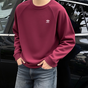 阿迪达斯三叶草卫衣男打底衫春季新款复古酒红套头宽松美式运动服