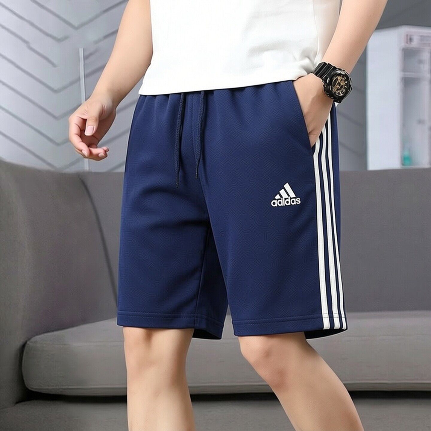 阿迪达斯运动短裤男夏季运动裤休闲百搭短裤大裤衩蓝色棉质五分裤