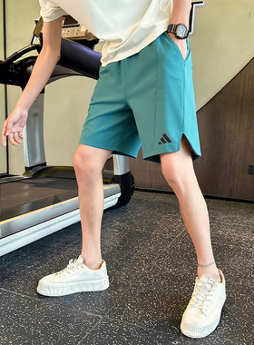 阿迪达斯短裤男夏季新款梭织运动裤沙滩裤美式篮球速干绿色五分裤