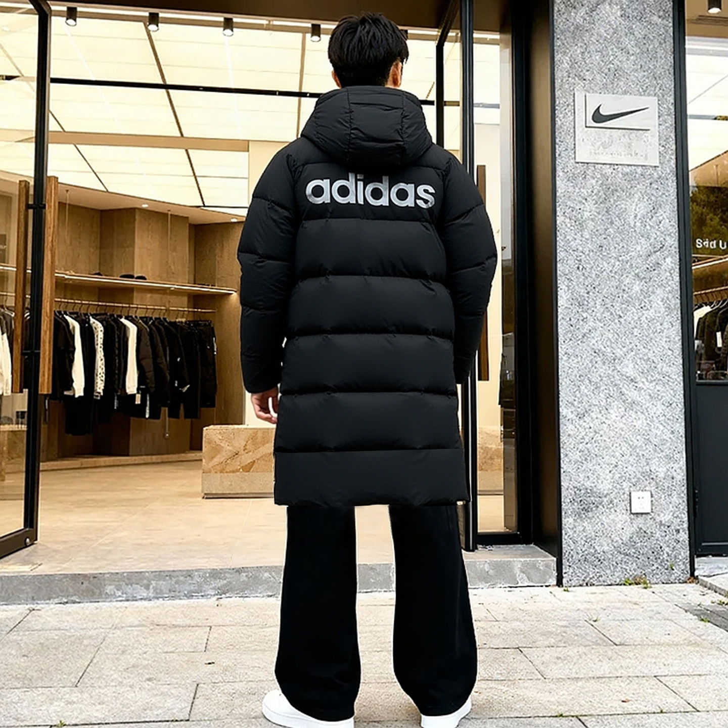 阿迪达斯长款羽绒服男冬季新款背后字母黑色运动面包服拒水厚外套