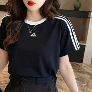 阿迪达斯T恤女2026夏季新款休闲半袖纯棉美式条纹短袖校园风上衣