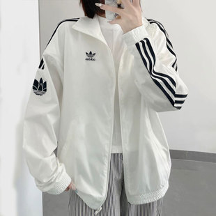 阿迪达斯三叶草白色防风衣女夏新款薄款梭织夹克立领复古宽松外套