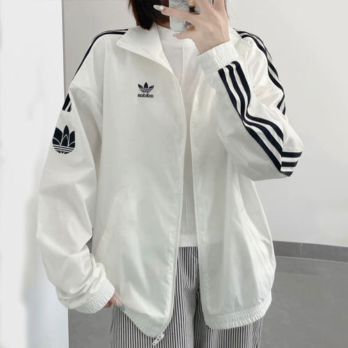 阿迪达斯三叶草白色防风衣女夏新款薄款梭织夹克立领复古宽松外套
